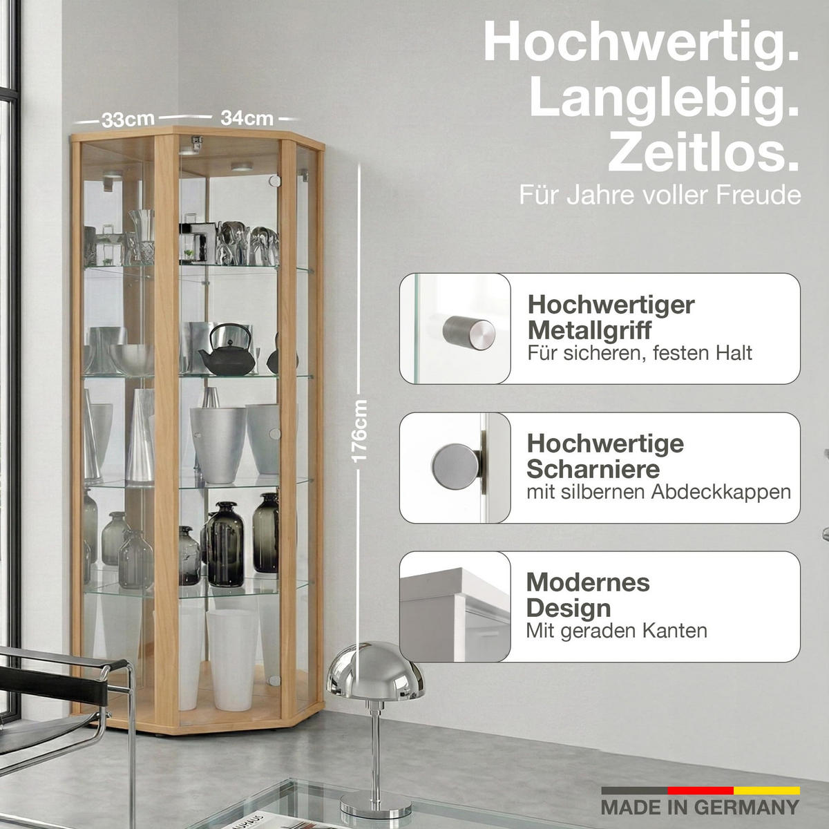 ECKVITRINE 56,5/56,5/176 cm mit Spiegel, LED & Schloss - Transparent/Silberfarben, Glas/Holzwerkstoff (56.5/176/56.5cm) - K-Möbel