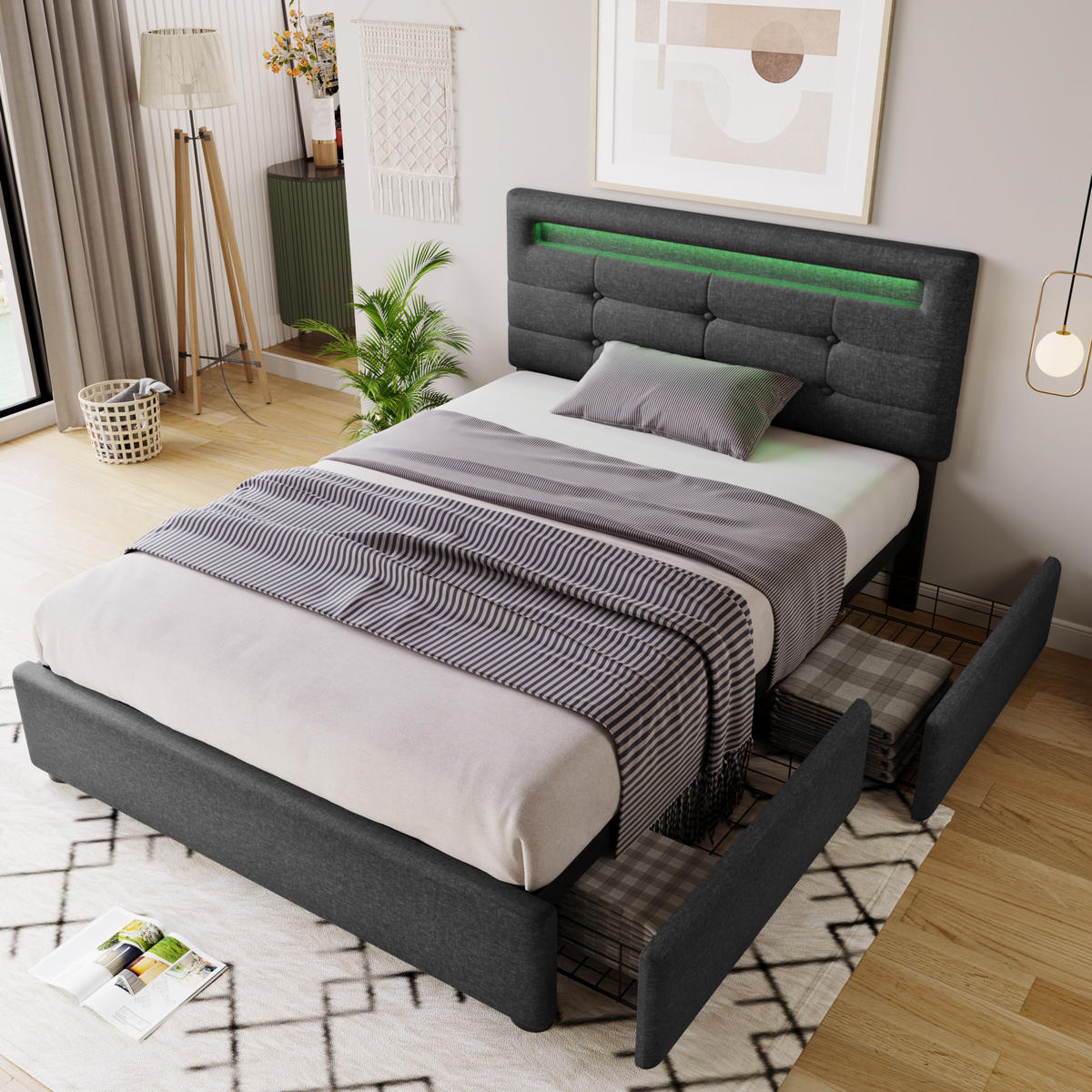 POLSTERBETT 90/200 cm Grau mit LED-Beleuchtung und höhenverstellbarem Kopfteil - Grau, Textil (90/200cm) - OKWISH