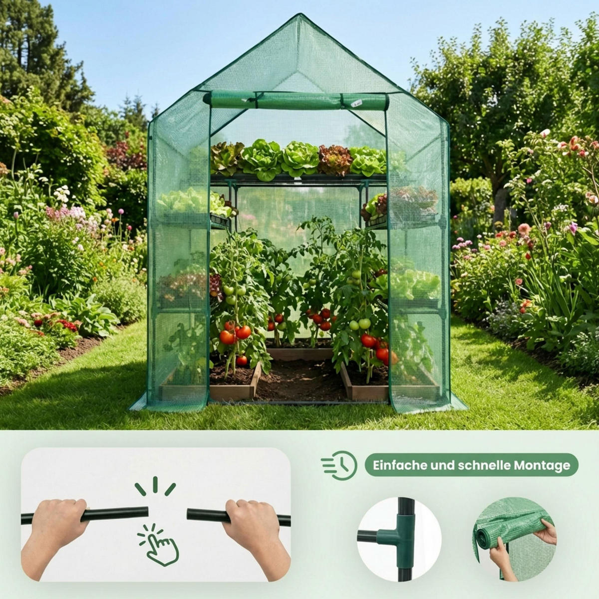 MINI Gewächshaus in Hausform, Grün, 143x73x195 cm - Grün, Metall (143/195/73cm) - Akord
