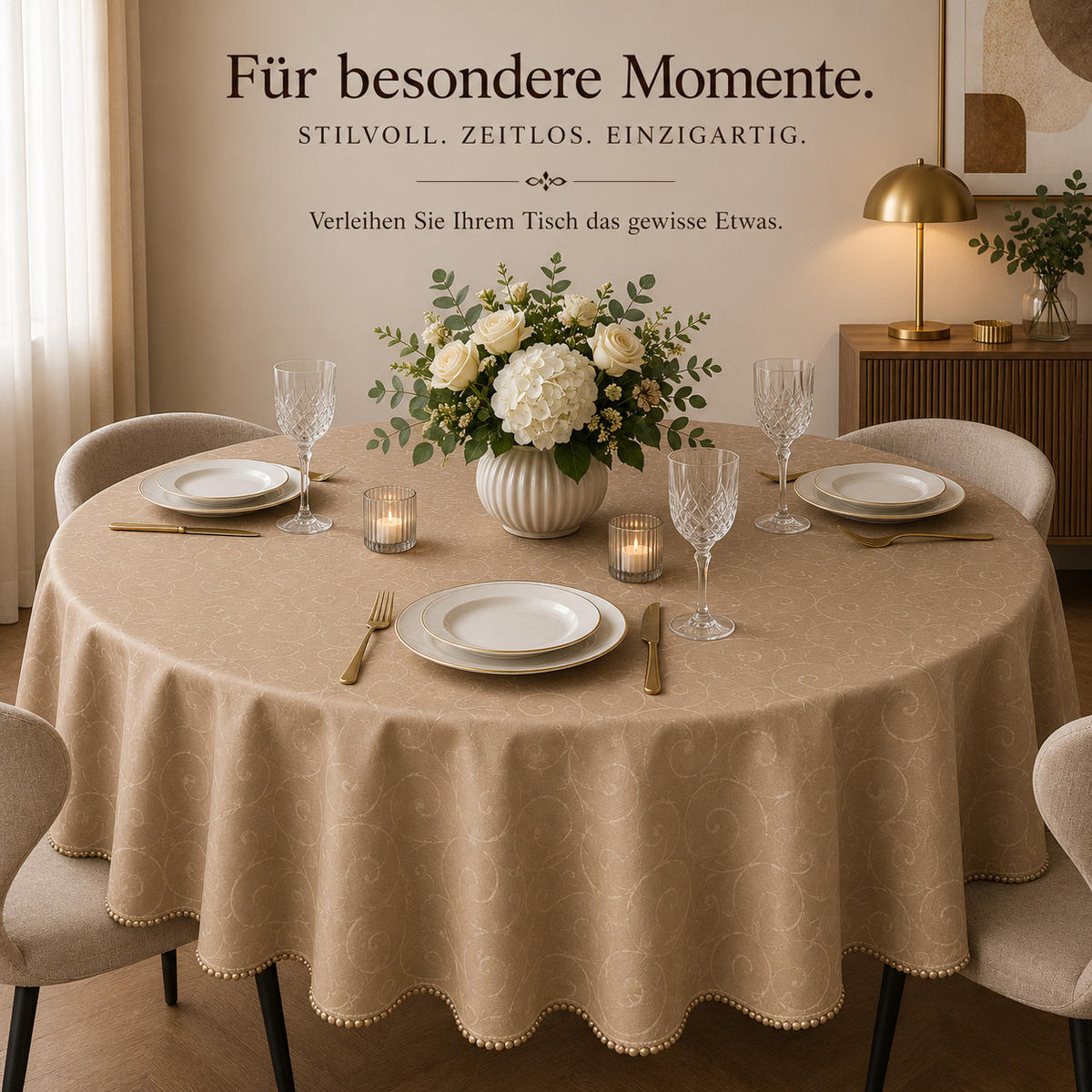TISCHDECKE 135 cm rund Ornamente Hellbraun - Hellbraun, Textil (135cm) - TiborTex