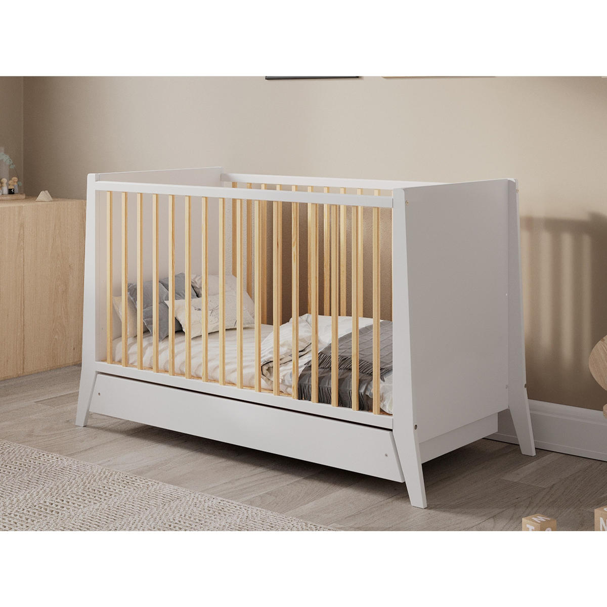 BABYBETT Zoe, Mitwachsendes, mit Schublade Weiß und Kiefer - Kieferfarben, Holz (60/120cm) - Premiers Moments