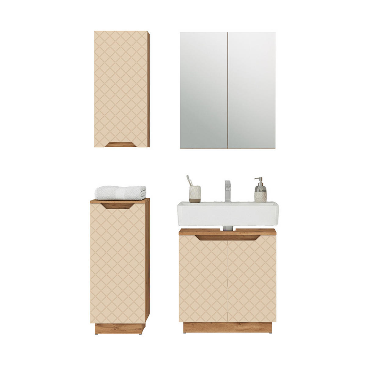 BADMÖBEL-SET Lotta Eiche/Kaschmir mit Kachelstruktur 4 Teile - Kaschmir/Eichefarben, Holzwerkstoff (59.8/62.1/32cm) - Vicco