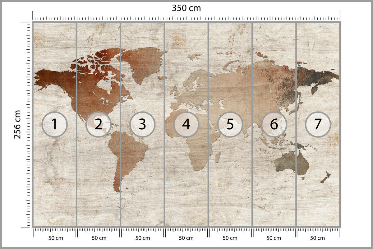 FOTOTAPETA Pre Obývaciu Izbu Vintage Mapa Drevené Pozadie Retro 350 x 256 cm - hnedá/béžová, papier (350/256cm) - Muralo