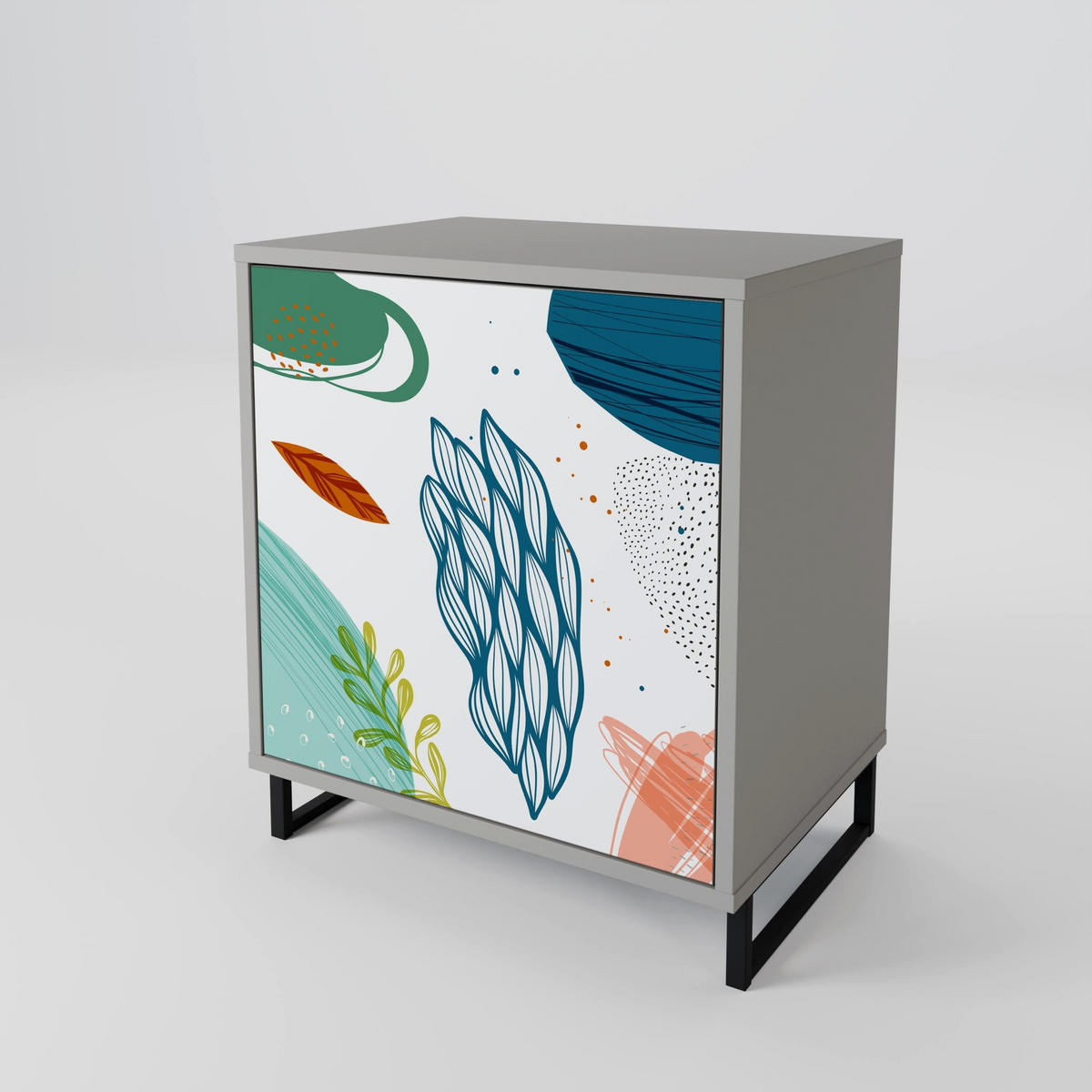 SIDEBOARD BOTANICAL HURRICANE, Grau, 57,5x42x70,5 cm, Schwarze Metall-Sternfüße - Multicolor/Schwarz, Holzwerkstoff/Metall (57.5/70.5/42cm) - SpaceRebels