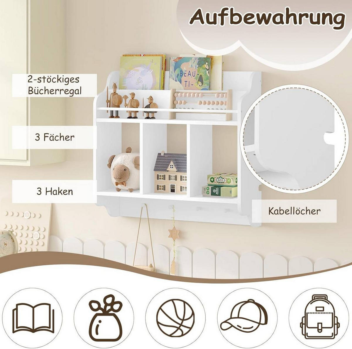 WANDREGAL Kinder, mit 3 offenen Fächern, Weiß - Weiß, Holz/Holzwerkstoff (60/57/20cm) - Woltu