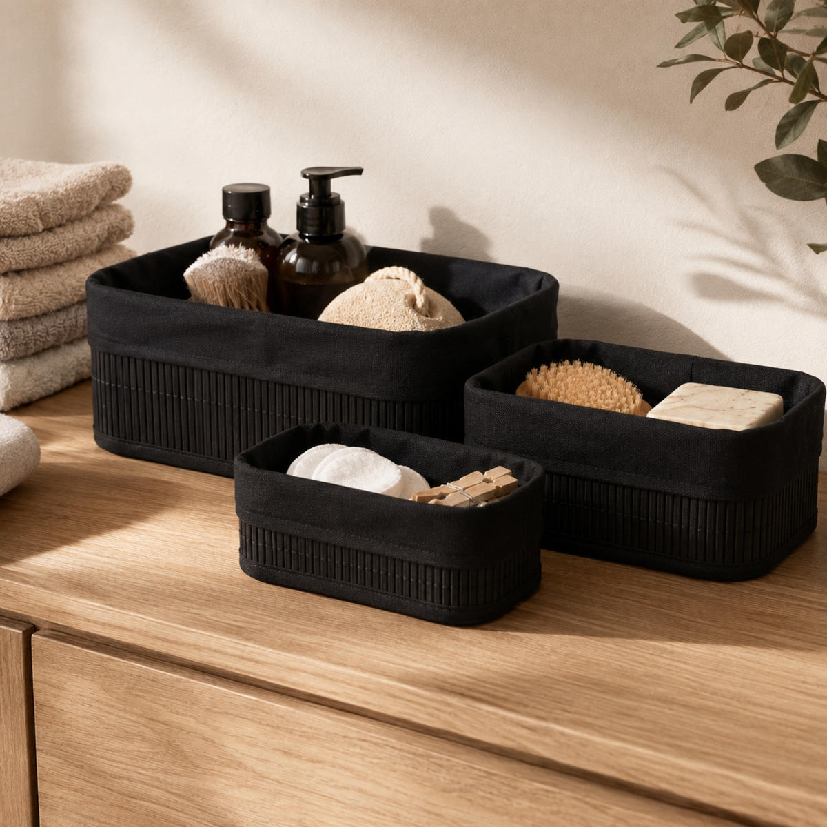 KORB 3er-Set 30/20/13 cm - Schwarz, Naturmaterialen (20/12/30cm) - BOXIMO