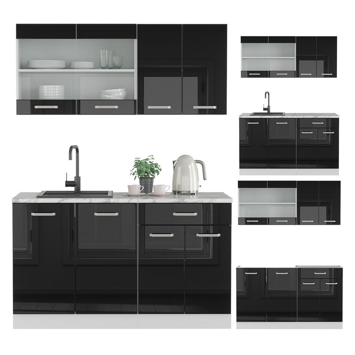 KÜCHENZEILE R-Line Schwarz Hochglanz/Weiß 140 cm, AP Eiche - Schwarz Hochglanz/Weiß, Holzwerkstoff (140/81.6/60cm) - Vicco