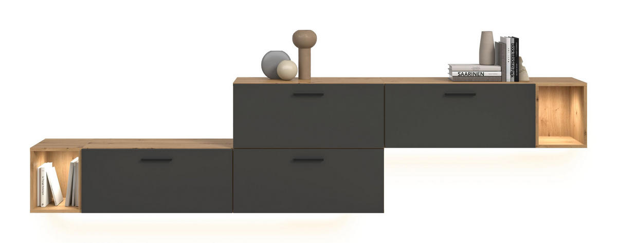 WOHNWAND INKL BELEUCHTUNG The One Basalt grau 276/34/97 cm - Braun, Holzwerkstoff (276/97/34cm) - Xonox