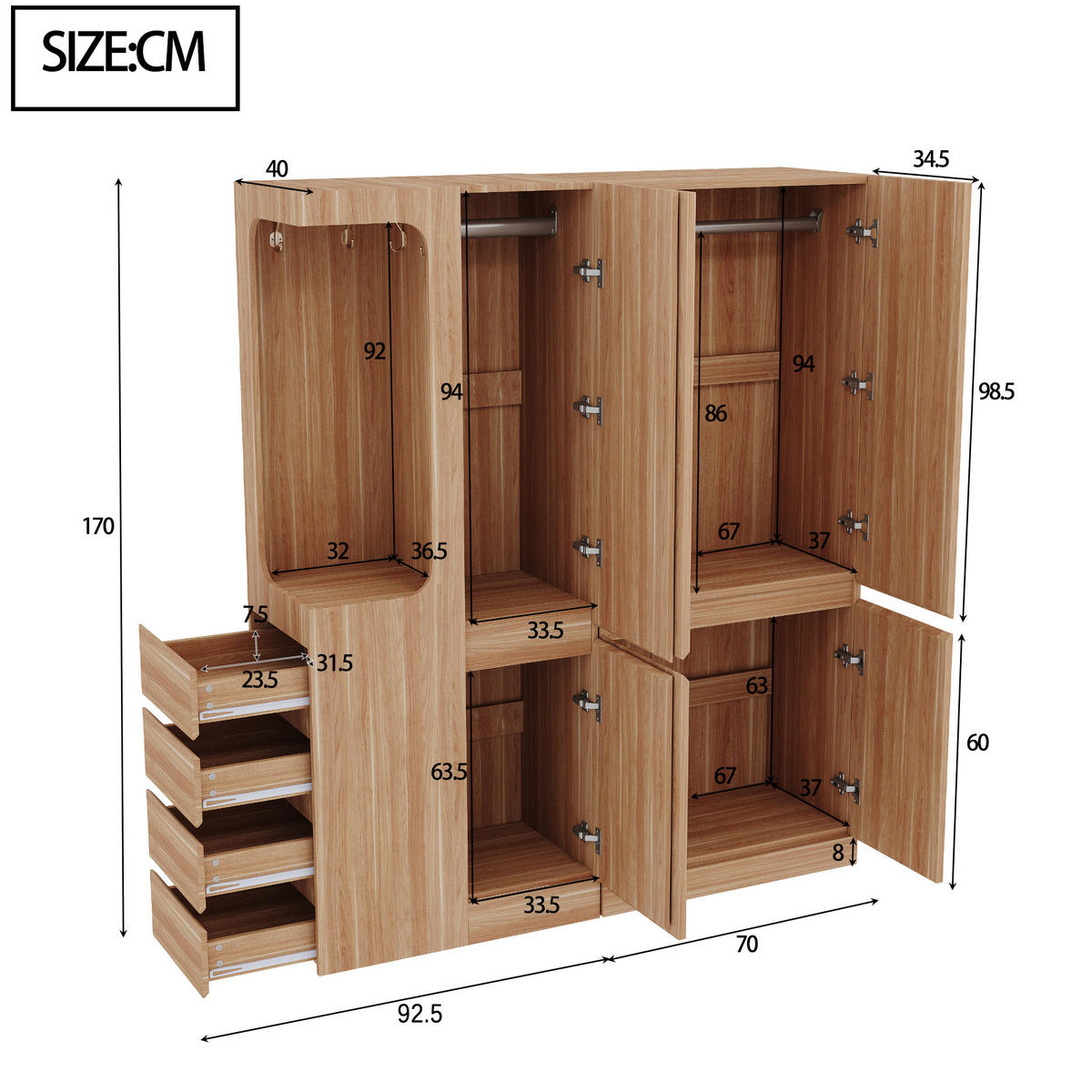 KLEIDERSCHRANK 140/170/40 cm Holzfarbe aus Kiefernholz mit Schubladen - Nussbaumfarben, Holzwerkstoff (40/170/140cm) - OKMYHOME