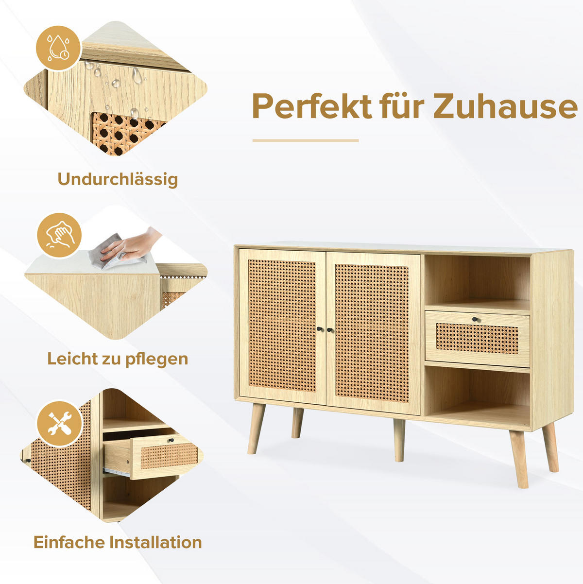 SIDEBOARD 120/40/80 cm aus MDF mit Rattangeflecht und verstellbaren Einlegeböden Eichefarben - Eichefarben, Holzwerkstoff (120/80/40cm) - Modenvie