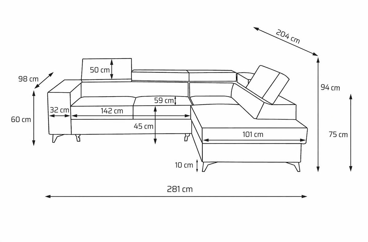 ECKSOFA PURE L Rechts mit Schlaffunktion 127x199 Velours Hellgrau - Hellgrau/Schwarz, Holz/Textil (204/281cm) - Muffo