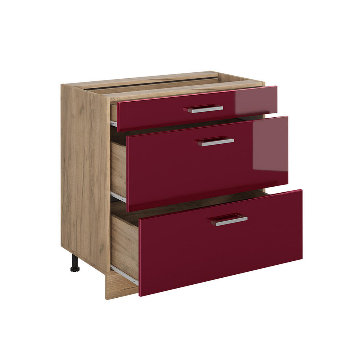KÜCHENUNTERSCHRANK R-Line, Rot Hochglanz/Goldkraft Eiche, 80 cm mit 3 Schubladen Arbeitsplatte Anthrazit - Eichefarben/Rot, Holzwerkstoff (80/81.6/60cm) - Vicco