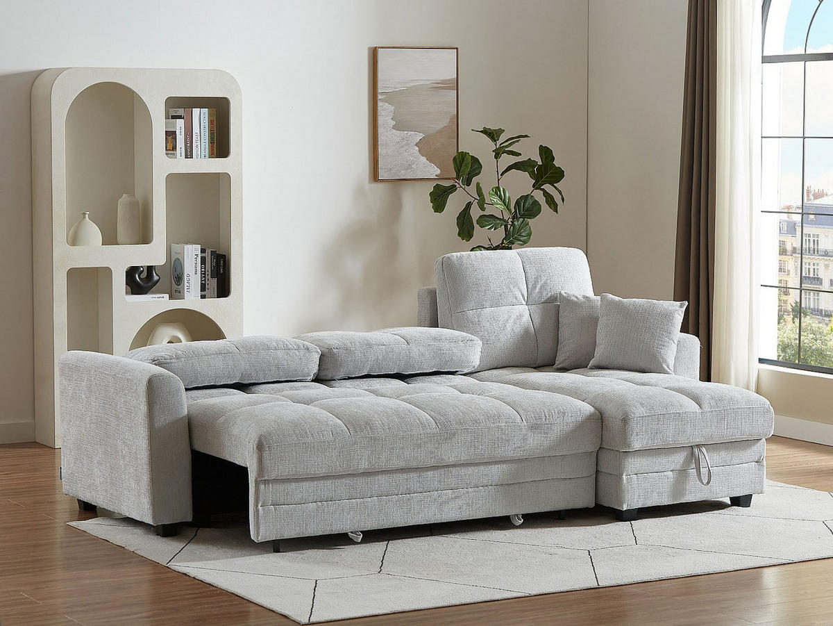 ECKSOFA mit Schlaffunktion & Ecke wechselbar - Chenille-Stoff - Hellgrau - LUMARIO - Hellgrau, Textil (260/155cm) - Vente-Unique