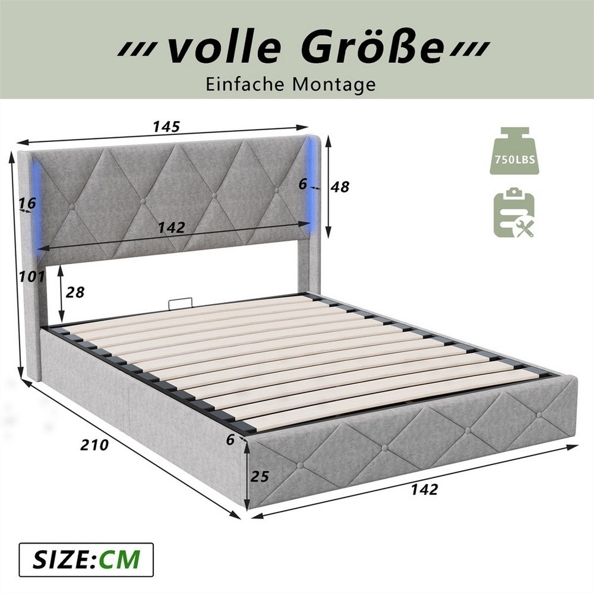 POLSTERBETT 140x200 cm mit LED-Beleuchtung - Kopfteil im Rautendesign und hydraulischem Stauraum - Grau - Grau, Textil (140/200cm) - DELFA