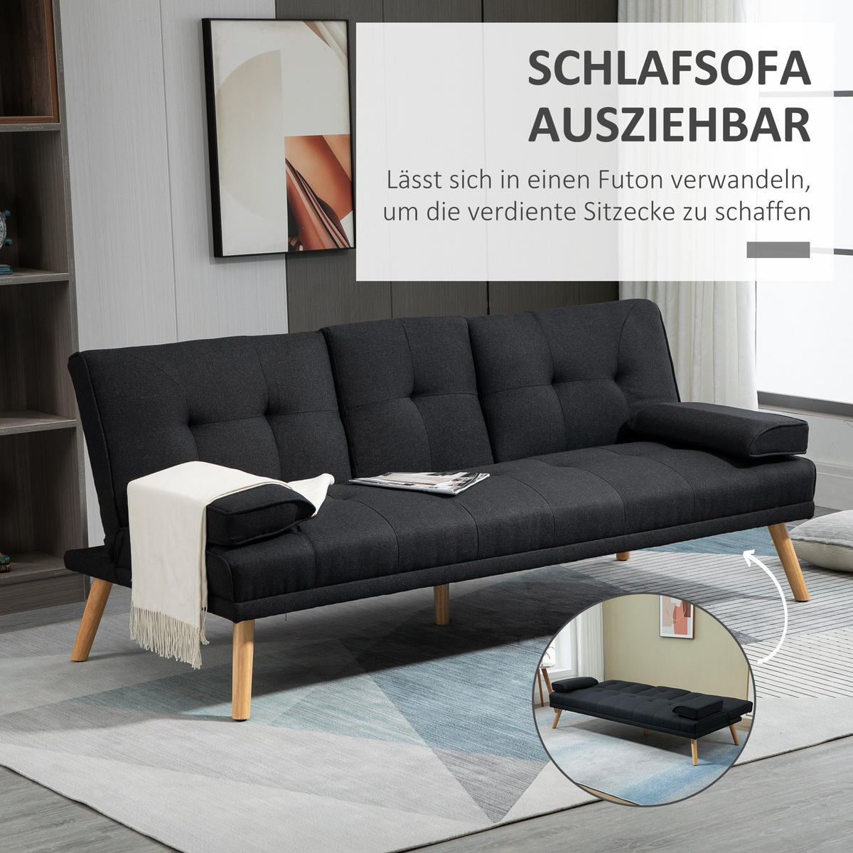 SCHLAFSOFA, 3-Sitzer-Schlafcouch mit Klappbarem Tisch, Becherhalter, Grau - Naturfarben/Grau, Holz/Textil (77/78/181cm) - HOMCOM