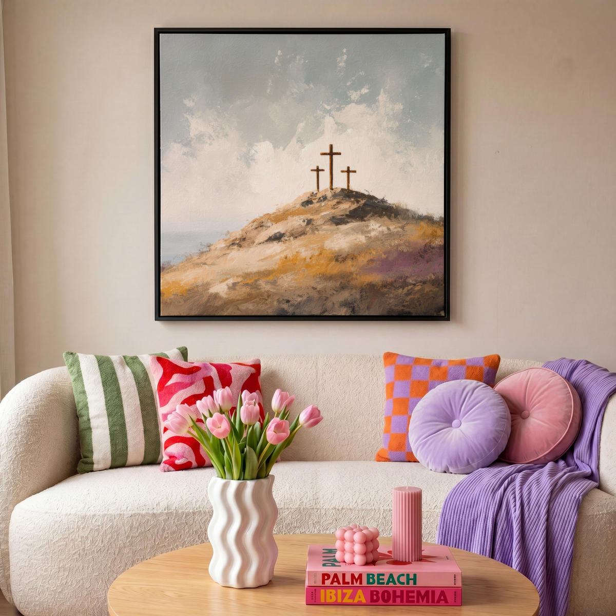 LEINWAND Bilder mit Rahmen - Hügel - Abstrakt - Christentum - Kreuz - 90x90 - Hellgrau, Textil (90/90cm) - MuchoWow