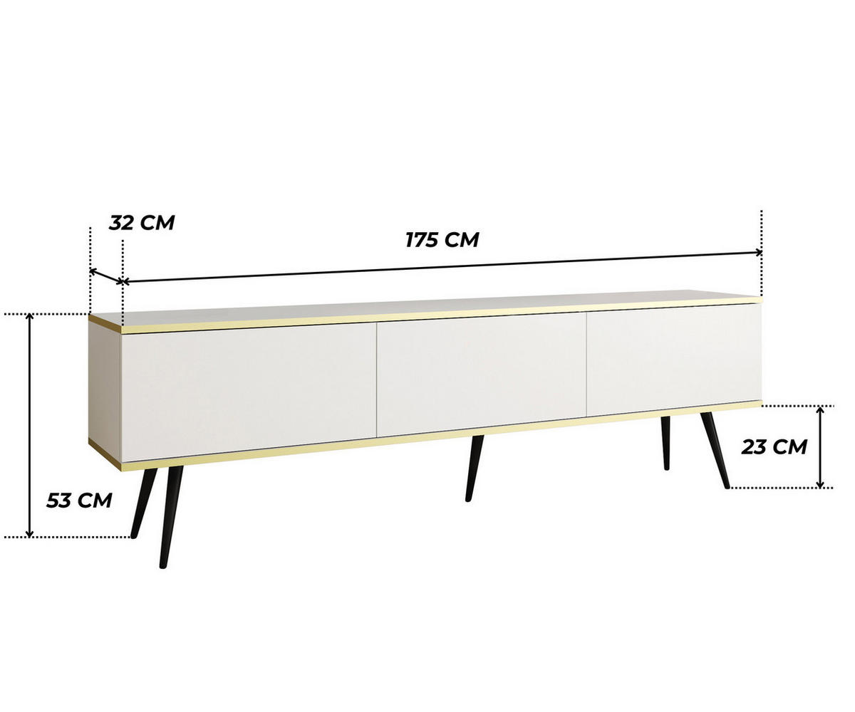 TV-LOWBOARD FORNO (Weiß, Goldene Details, 3 Türen, schwarze Metallfüße, 175 cm) - Schwarz/Weiß, Holz/Holzwerkstoff (175/53/32cm) - Ravio