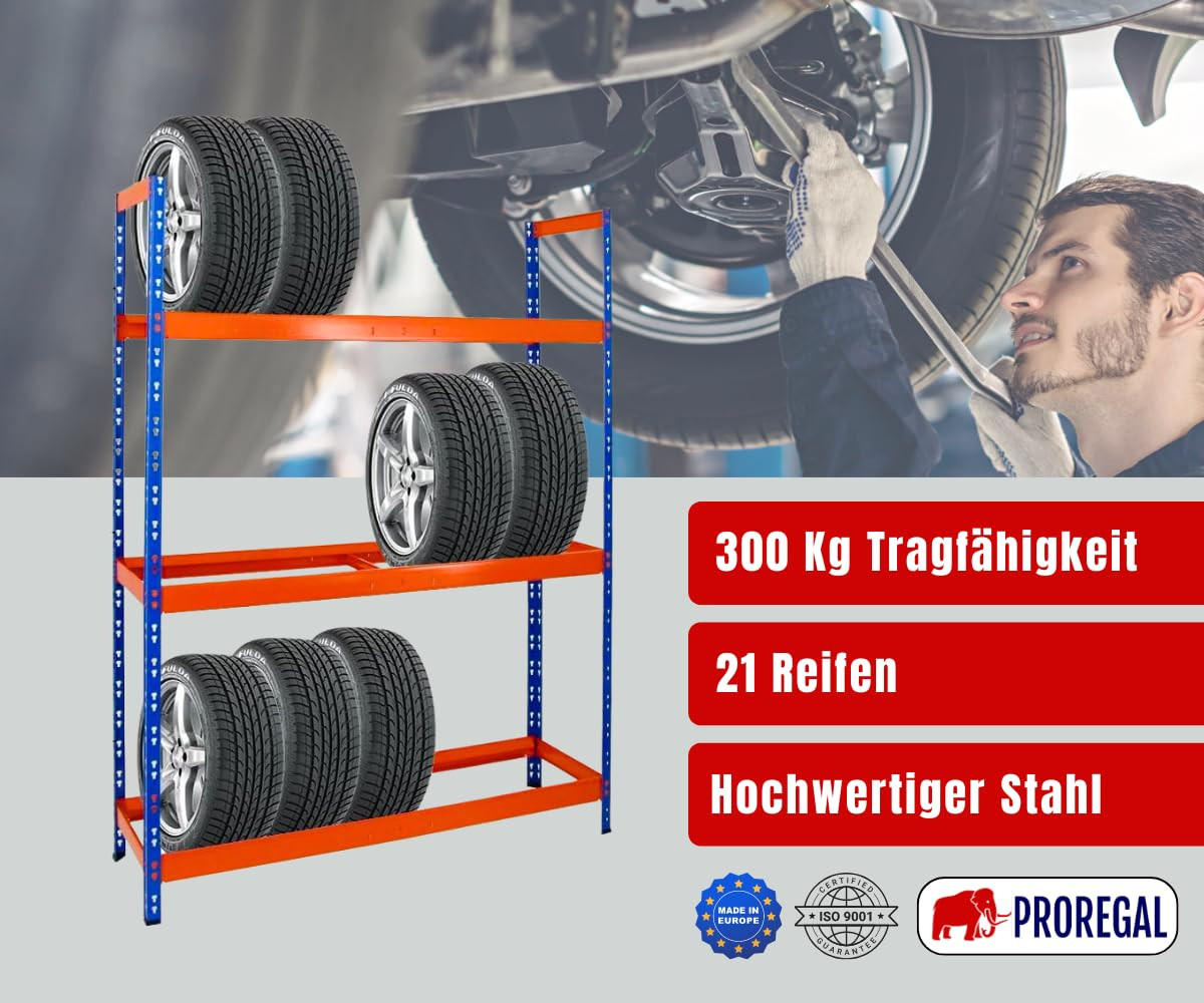 REIFENREGAL Tiger XL 200x180x45 cm 300 kg Fachlast bis zu 21 Reifen auf 3 Ebenen Blau/Orange - Blau/Orange, Metall (180/200/45cm) - PROREGAL
