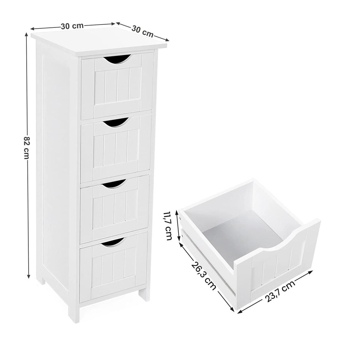 BADEZIMMERSCHRANK Weiß mit 4 Schubladen - L30 cm - Weiß, Holzwerkstoff (30/82/30cm) - Calicosy