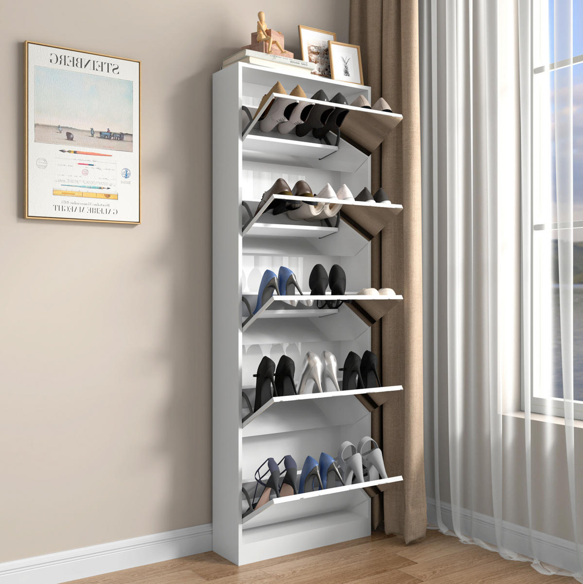 SCHUHSCHRANK 185 cm mit Ganzkörperspiegel und 5 Klappen, platzsparend, Weiß - Weiß, Holzwerkstoff (63/185/19.6cm) - Redom