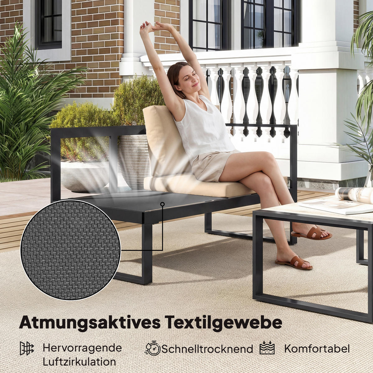 GARTENMÖBEL-SET DE-06584 4-tlg. mit 2 Zweisitzern & Couchtisch Khaki - Taupe, Textil/Metall - ComfortXL