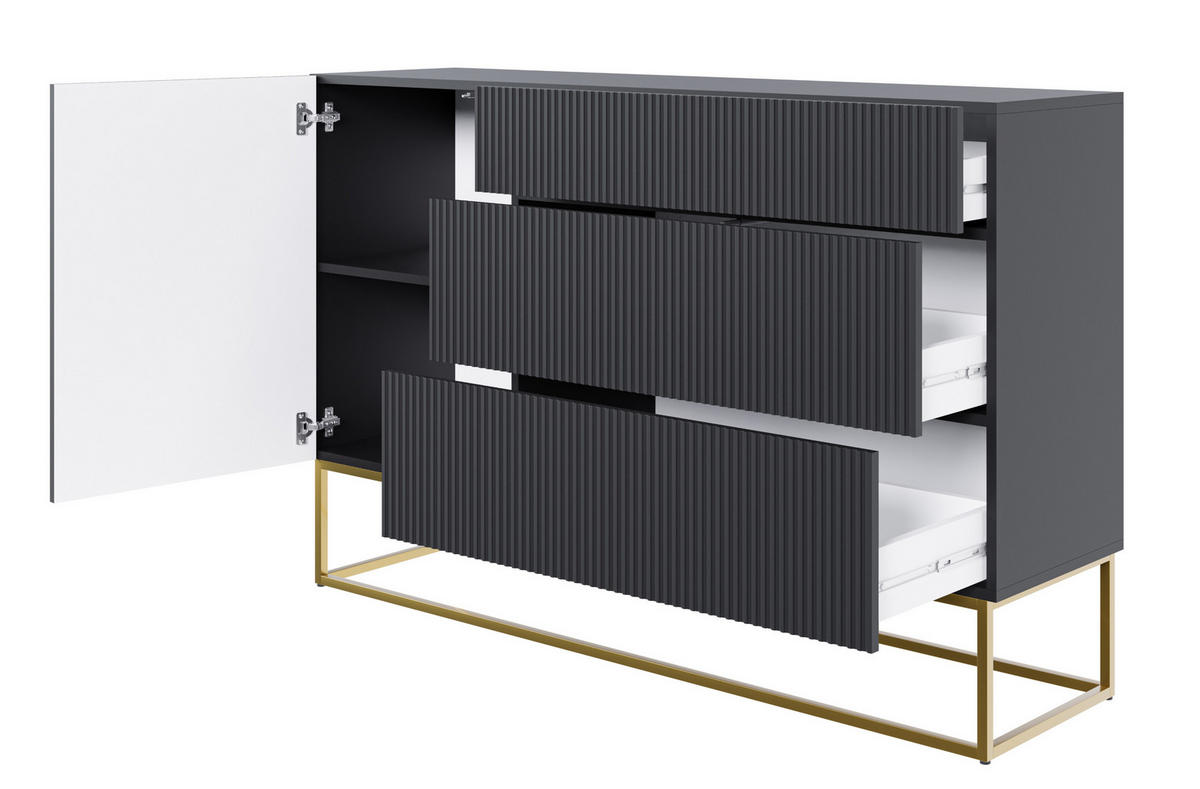 SIDEBOARD Veldio Schwarz mit 3 Schubladen 140 cm - Goldfarben/Schwarz, Holzwerkstoff/Metall (140/90/38cm) - Selsey