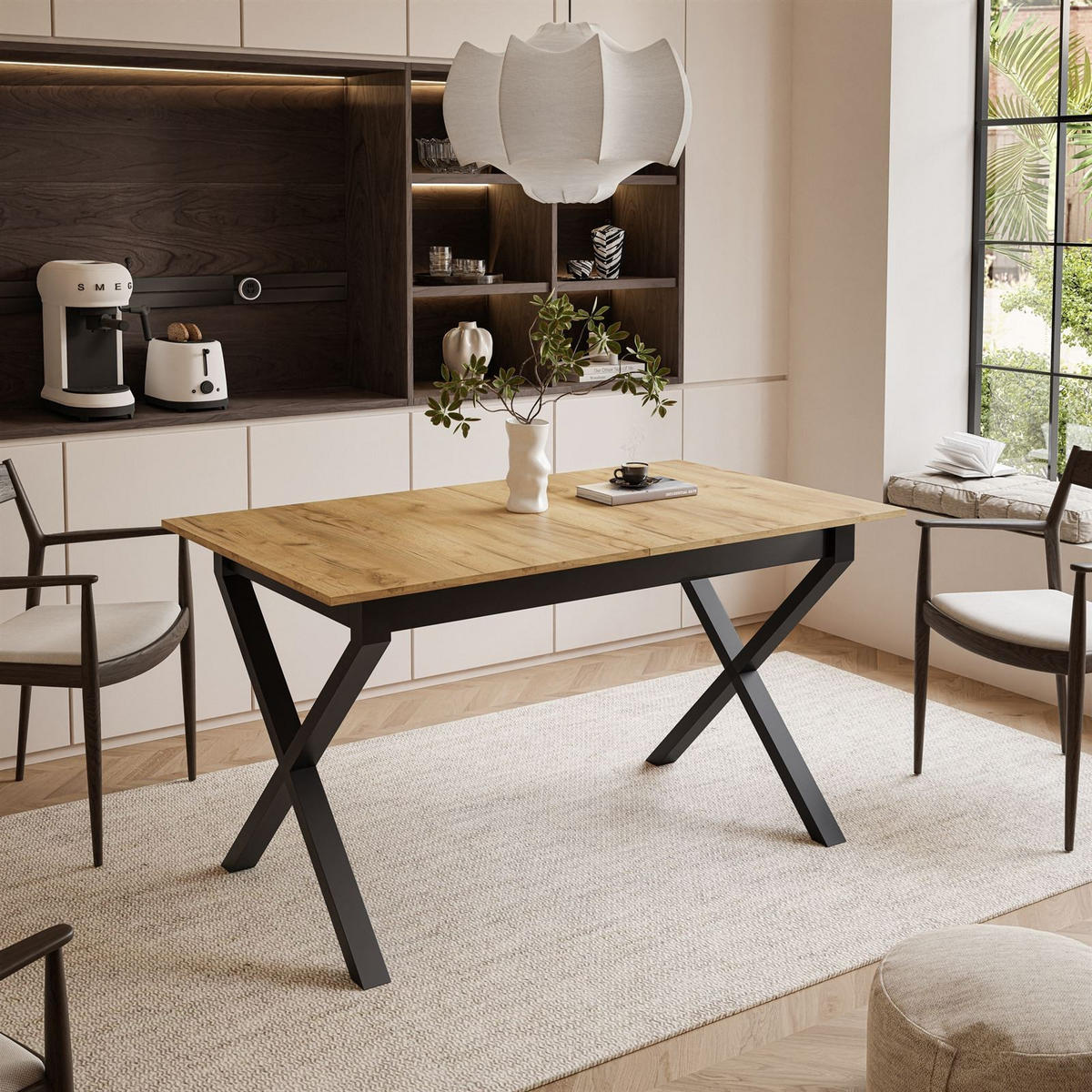 ESSTISCH ARTON II ausziehbarer Tisch 140-195 cm für 6-8 Personen - Eichefarben/Schwarz, Holzwerkstoff/Metall (140/80/77cm) - Lookway