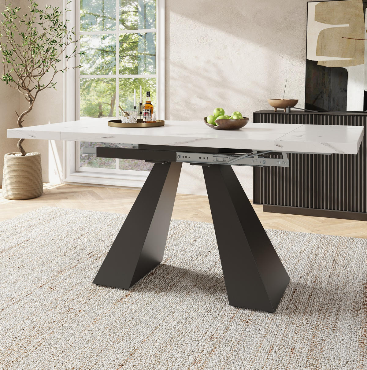 ESSTISCH aus MDF 99-159x74x77 cm Weiß ausziehbar mit Marmoroptik und Metallgestell - Weiß, Holzwerkstoff (159/74/77cm) - Modfu