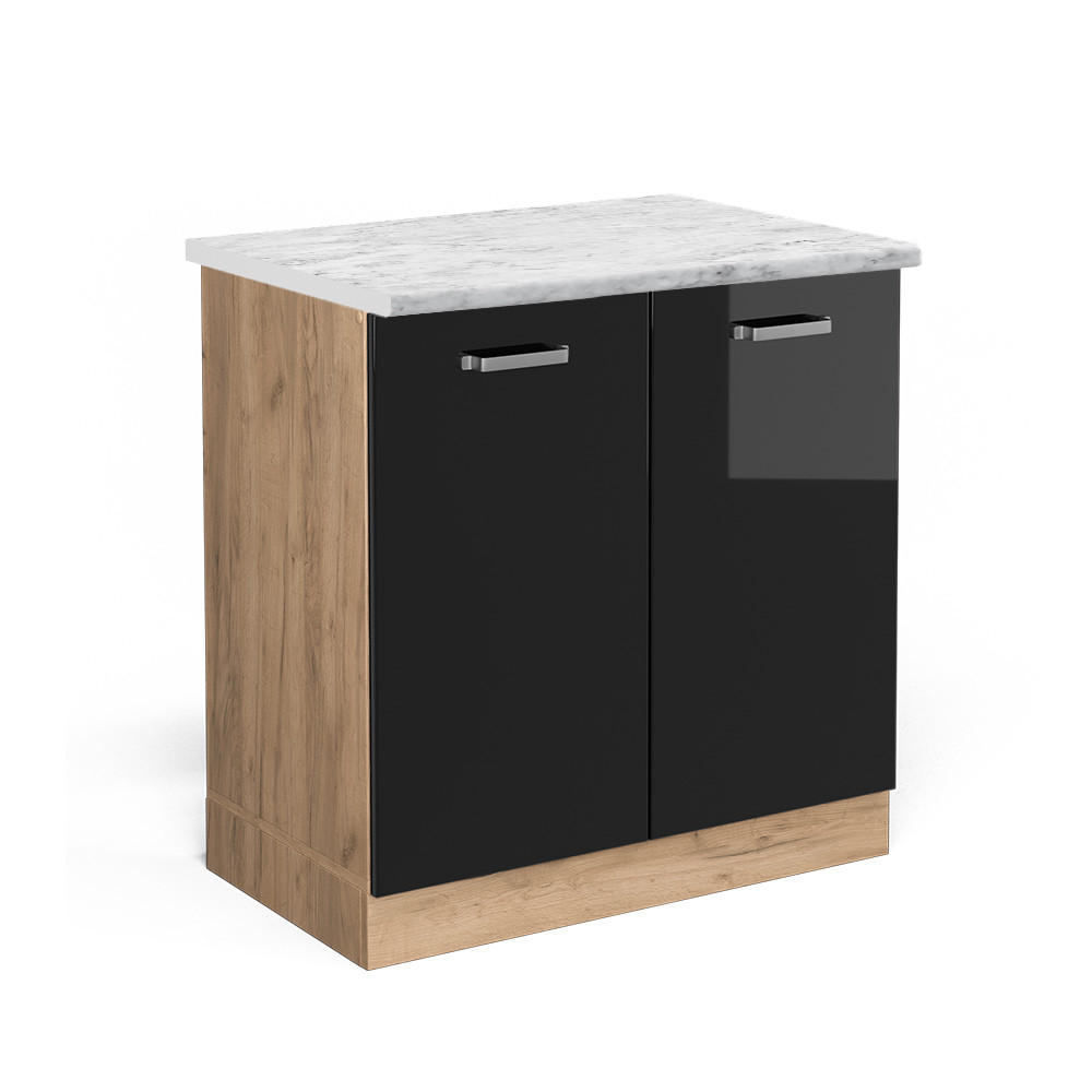 KÜCHENUNTERSCHRANK R-Line Schwarz Hochglanz 80 cm AP Marmor - Schwarz Hochglanz/Eiche Wotan, Holzwerkstoff (80/81.6/60cm) - Vicco