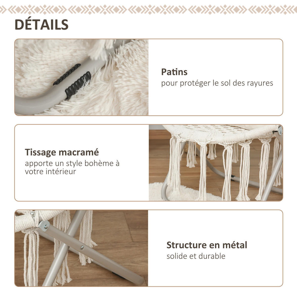 GARTENKLAPPSESSEL DE-17759 mit Makramee-Fransen Beige - Beige, Metall (64/74/77cm) - ComfortXL