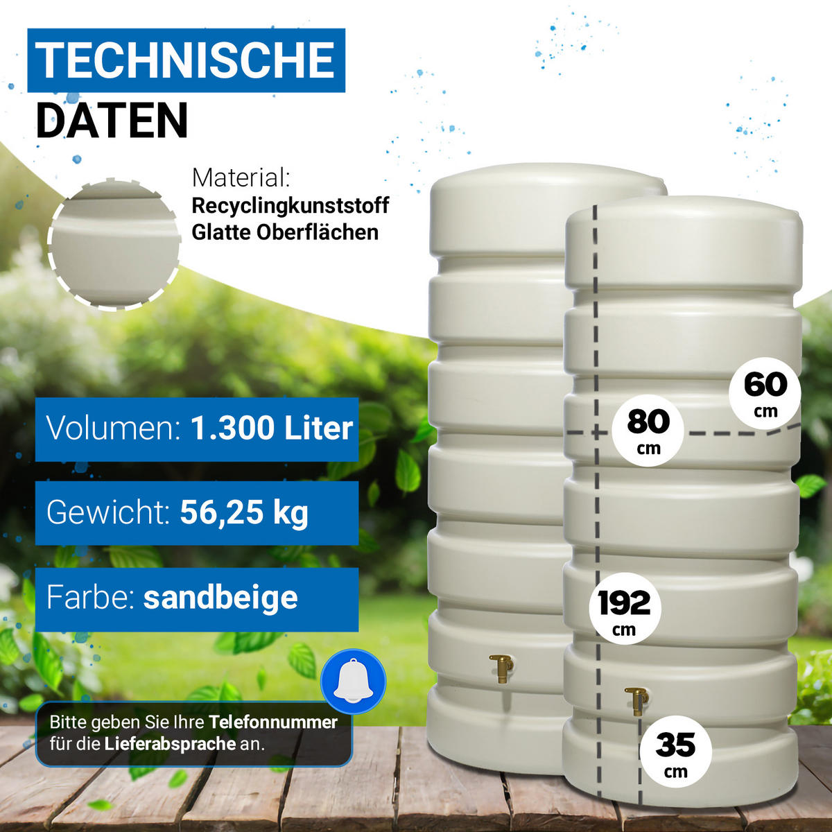 WANDTANK-SET 1300 L sandbeige 2 x 650 L inkl. Verbindungsset - Beige, Kunststoff (170/192/60cm) - 4rain