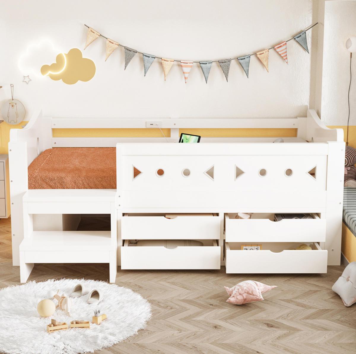 KINDERBETT Holz 90x200 cm Weiß mit Stauraum, Sicherheitsgittern, LED, USB- und Typ-C-Anschluss - Weiß, Holz (90/200cm) - Modfu