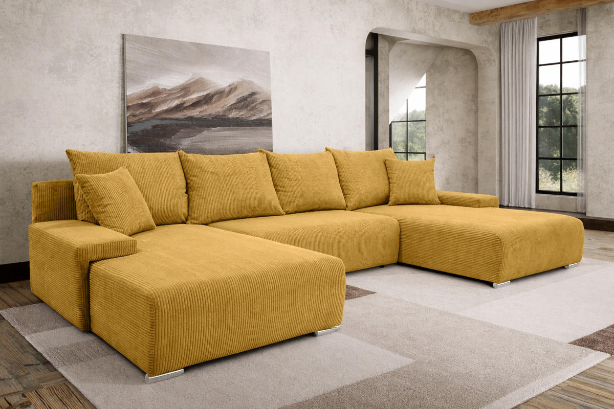 ECKSOFA U-Form Livorno Schlaffunktion Cord-Stoff Gelb - Chromfarben/Gelb, Holz/Kunststoff (348/93/188cm) - Kaiser Möbel