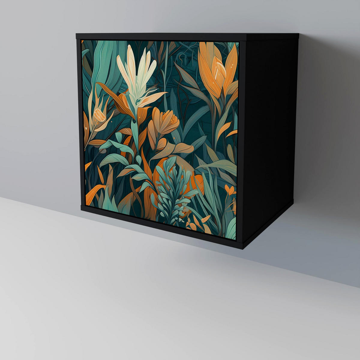 SIDEBOARD FLORAL SERENITY, Schwarz, 57,5x42x75,5 cm, Goldfarbene Metallfüße - Goldfarben/Multicolor, Holzwerkstoff/Metall (57.5/75.5/42cm) - SpaceRebels