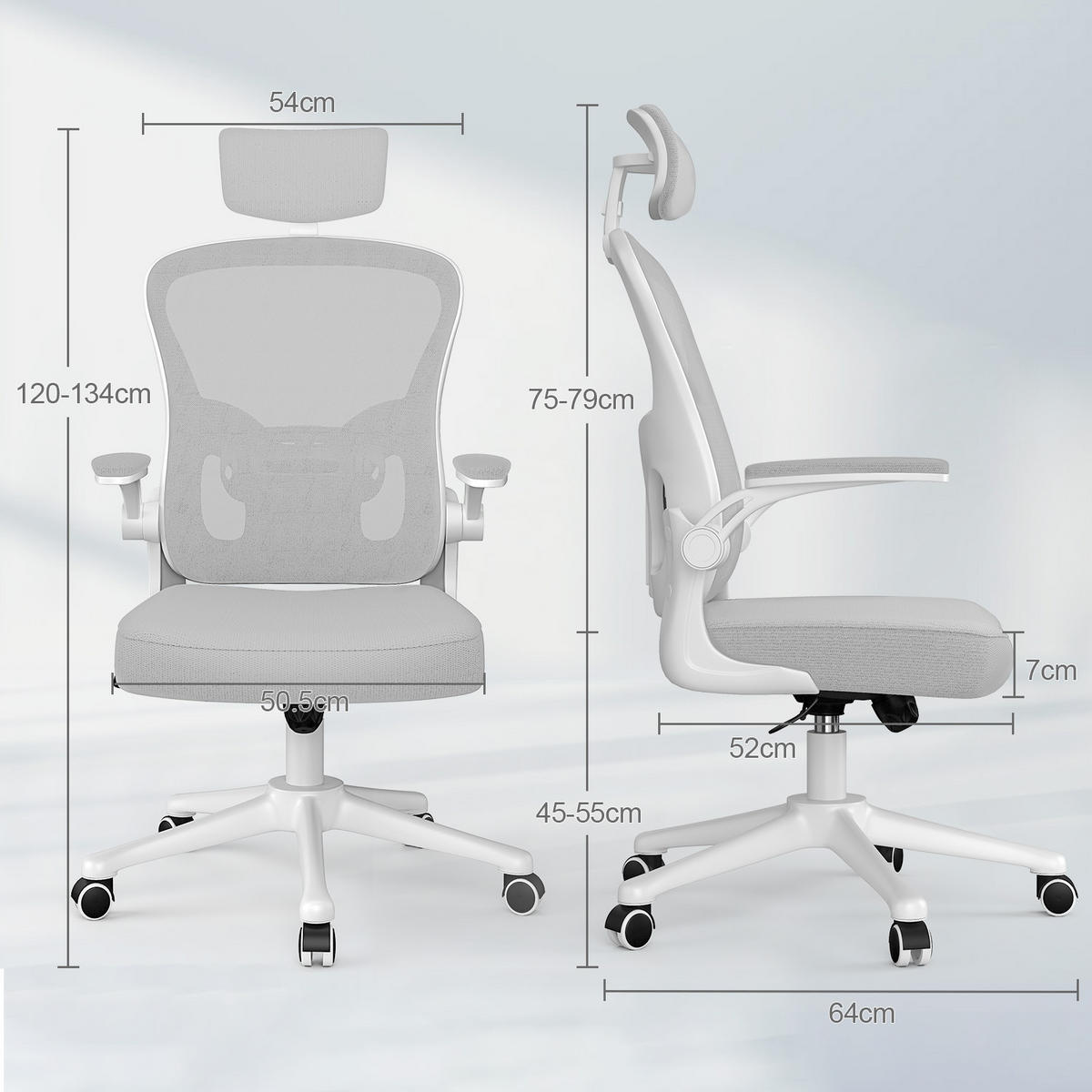 BÜROSTUHL ergonomisch, höhenverstellbar, klappbare Armlehnen, Kopfstütze – Grau - Grau, Metall (50.5/134/52cm) - Rattantree