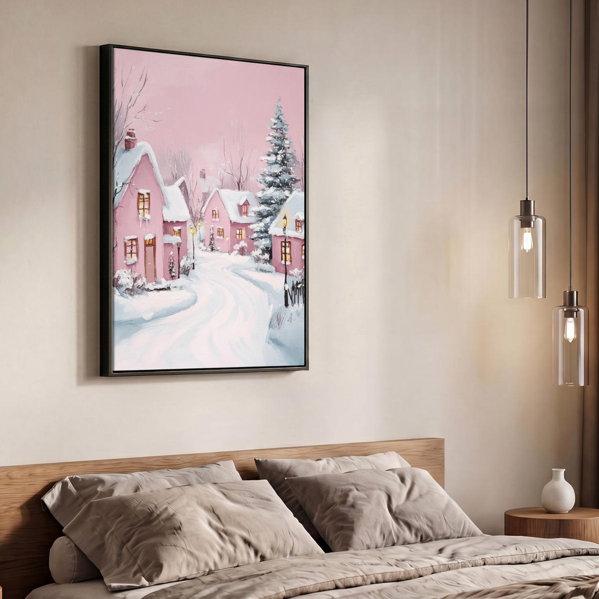 LEINWAND Bilder mit Rahmen - Weihnachtsdorf - Rosa - Winter - Schnee - Häuser - 70x100 - Altrosa, Textil (70/100cm) - MuchoWow