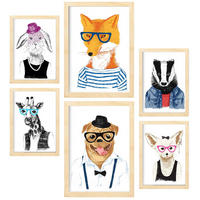 POSTER Set Mit 6 Tiere 2 Größe A3 & A4 Rahmen aus hellem Holz - Beige, Papier (29.7/1cm) - Nacnic