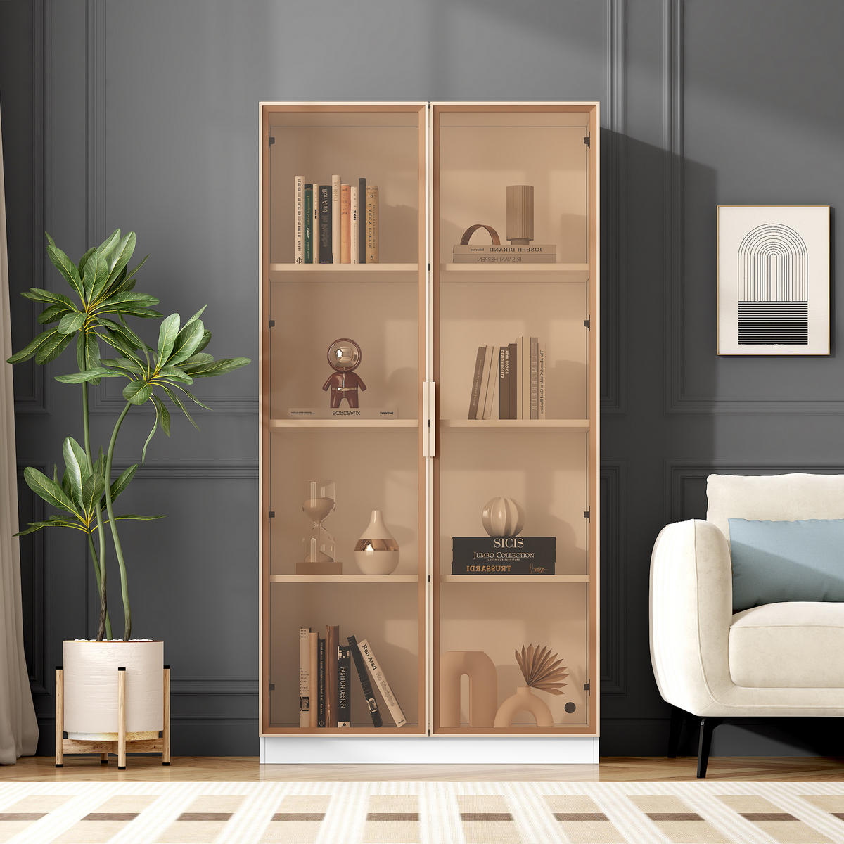 STANDVITRINE 160/35/100 cm, mattweiß mit goldenen Griffen und Metallbeinen, 4 Türen, höhenverstellbare Einlegeböden, Weiß - Weiß, Holzwerkstoff (80/160/40cm) - Redom