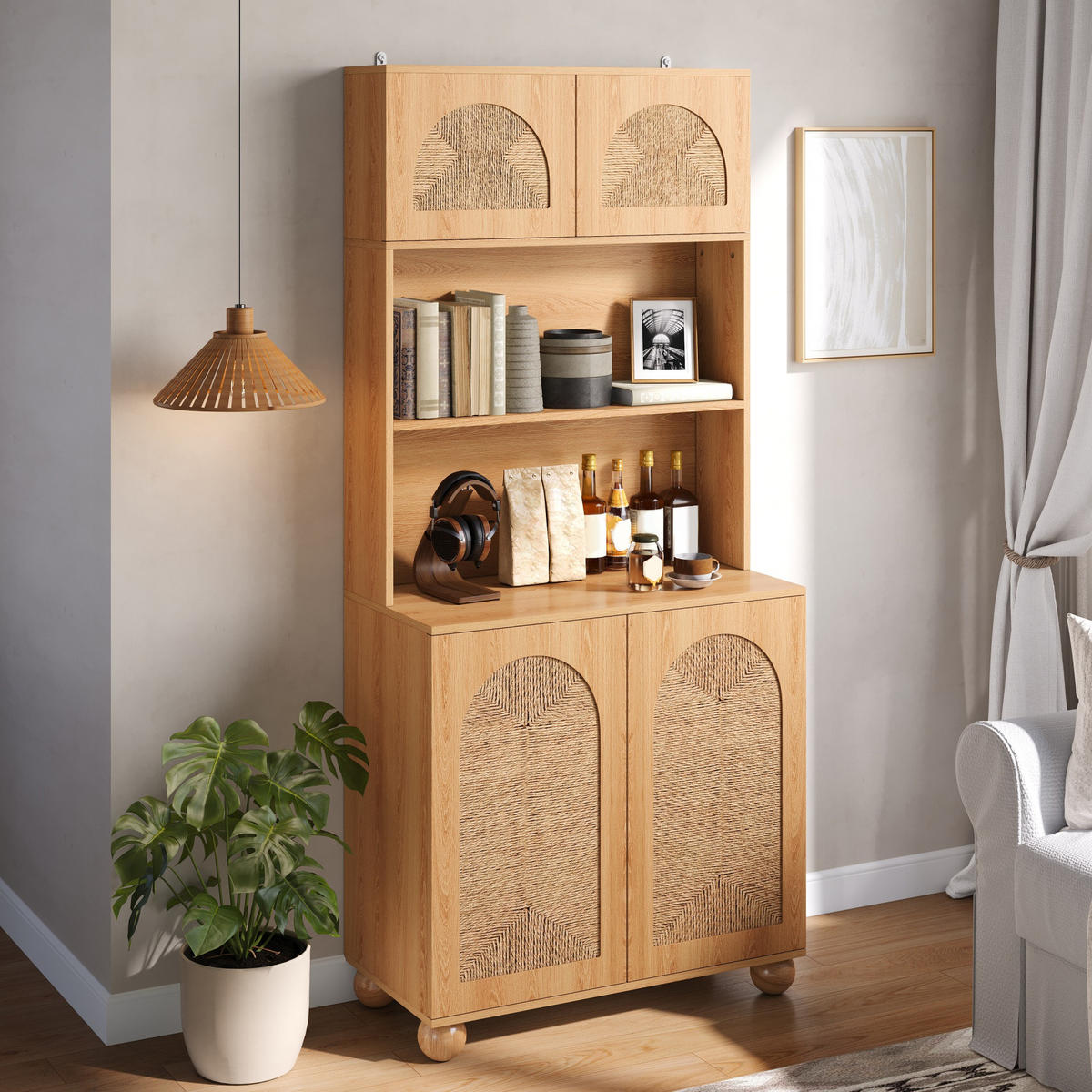 SIDEBOARD Hochschrank Seilgeflecht Türen Stauraum Holzfüße Modern - Naturfarben, Holzwerkstoff (80/180/40cm) - FLIEKS