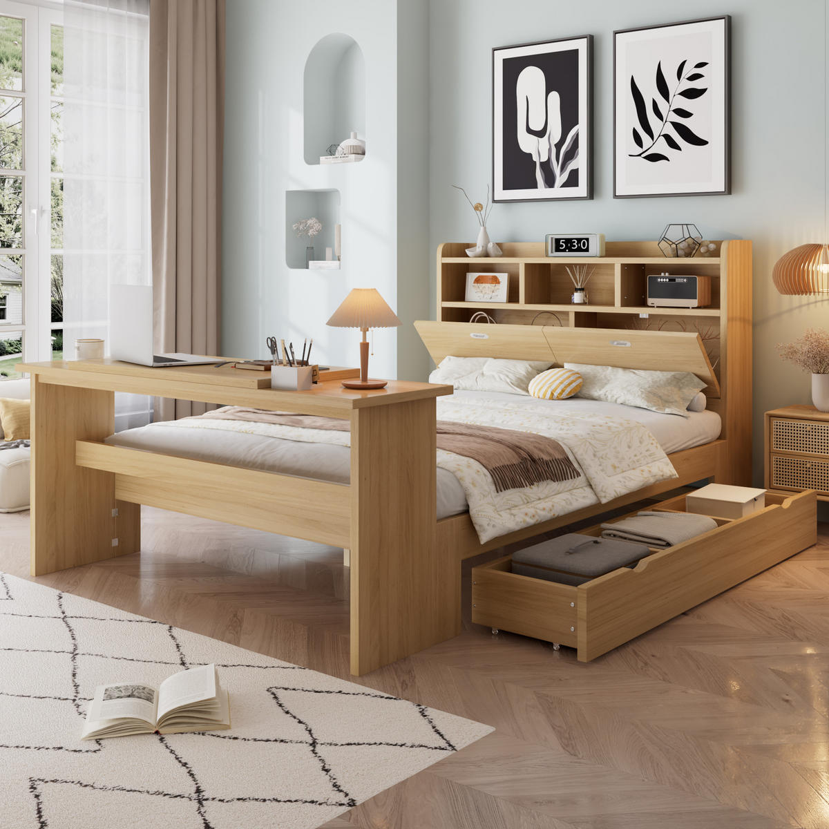 JUGENDBETT 140/200 cm in Naturfarben mit Stauraum, Kopfteilregal und Klapptisch aus Holz - Naturfarben, Holzwerkstoff - STILVORA