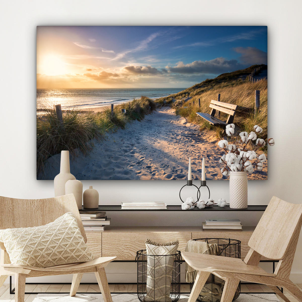 LEINWANDBILD - Sonnenuntergang - Strand - Düne - Gras - Ufer - 120x80 - Kunstdruck - Sandfarben, Textil (120/80cm) - MuchoWow