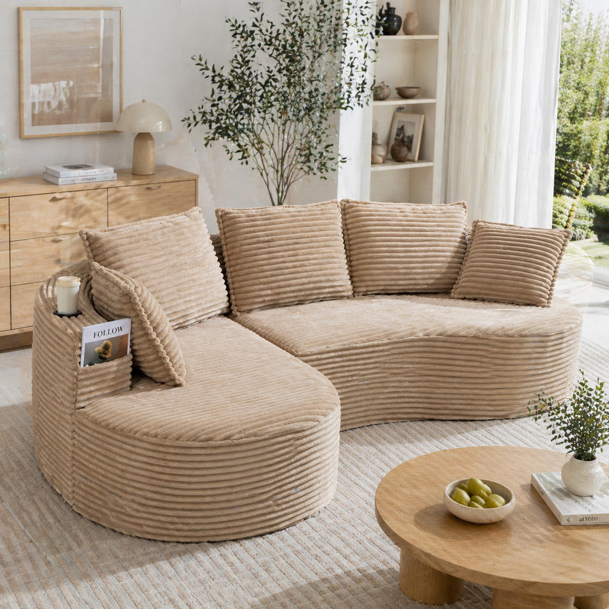 ECKSOFA DE-33808 Bogendesign mit Becherhalter Khaki - Sandfarben, Textil (250/152cm) - ComfortXL
