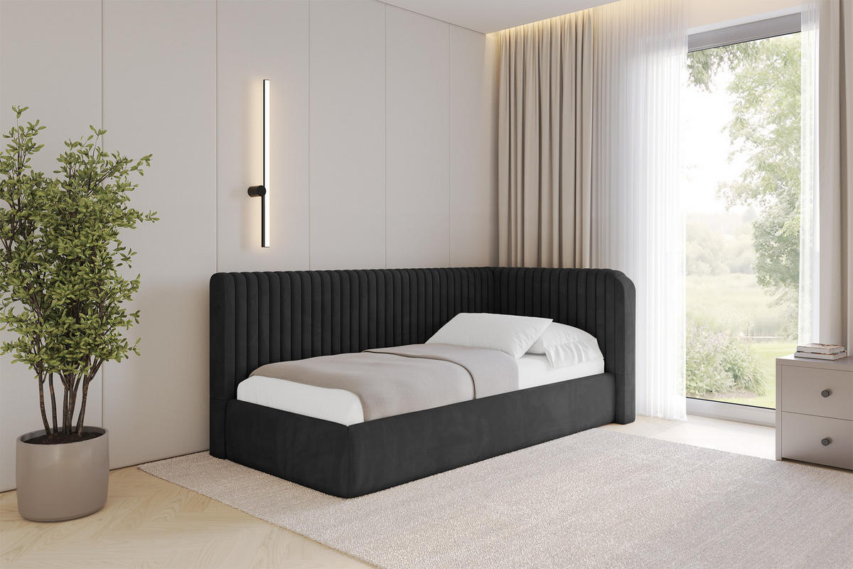 EINZELLBETT Jugendbett mit Bettkasten, Links - AURY 100x200 Schwarz - Schwarz, Holzwerkstoff/Textil (100/200cm) - ALTDECOR