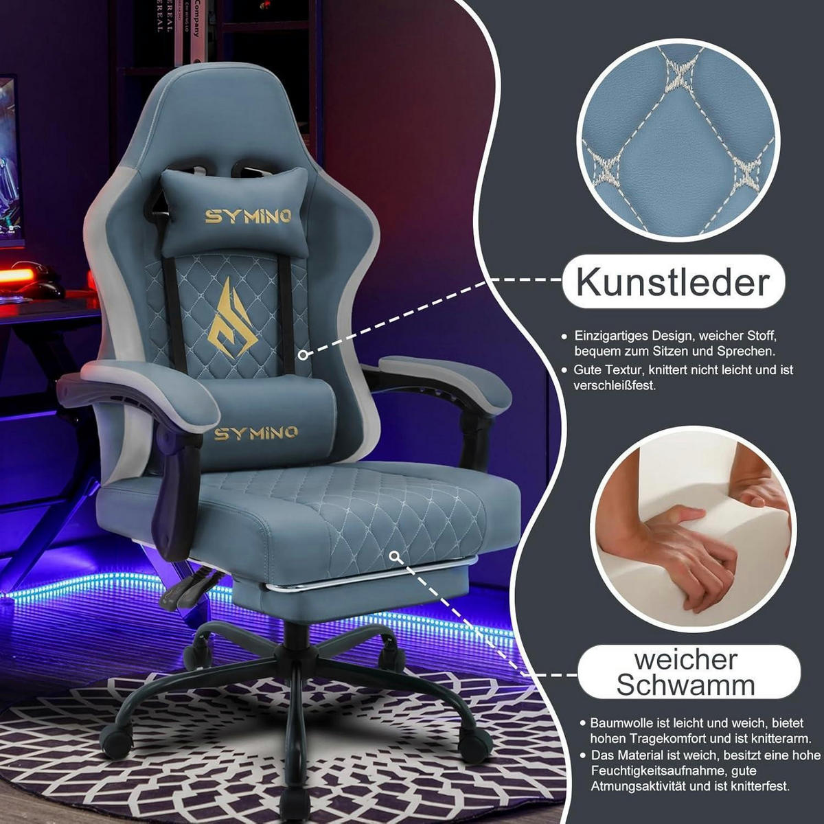 GAMING Stuhl mit Lendenwirbelstütze und Fußstütze Kunstleder Hellblau - Hellblau, Kunststoff (50/122/50cm)