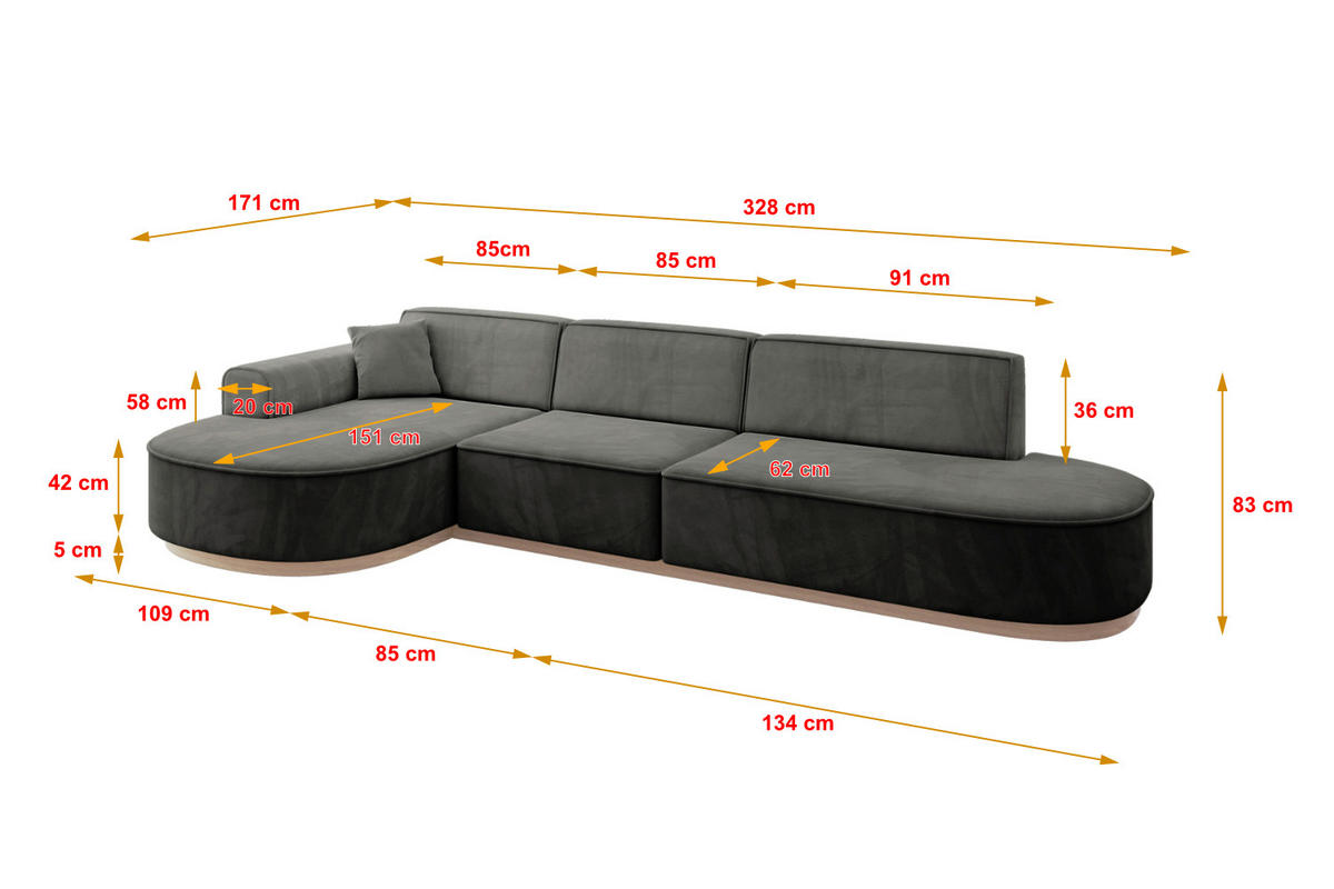 ECKSOFA Ottomane Links MARI-L2-v1 - 328x171x83 cm Dunkelgrau Velours - Dunkelgrau, Holzwerkstoff/Textil (328/171cm) - ALTDECOR