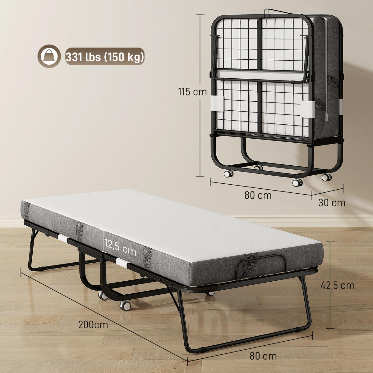KLAPPBETT 200/80 cm DE-18530 mit Matratze Weiß - Weiß, Metall (80/200cm) - ComfortXL