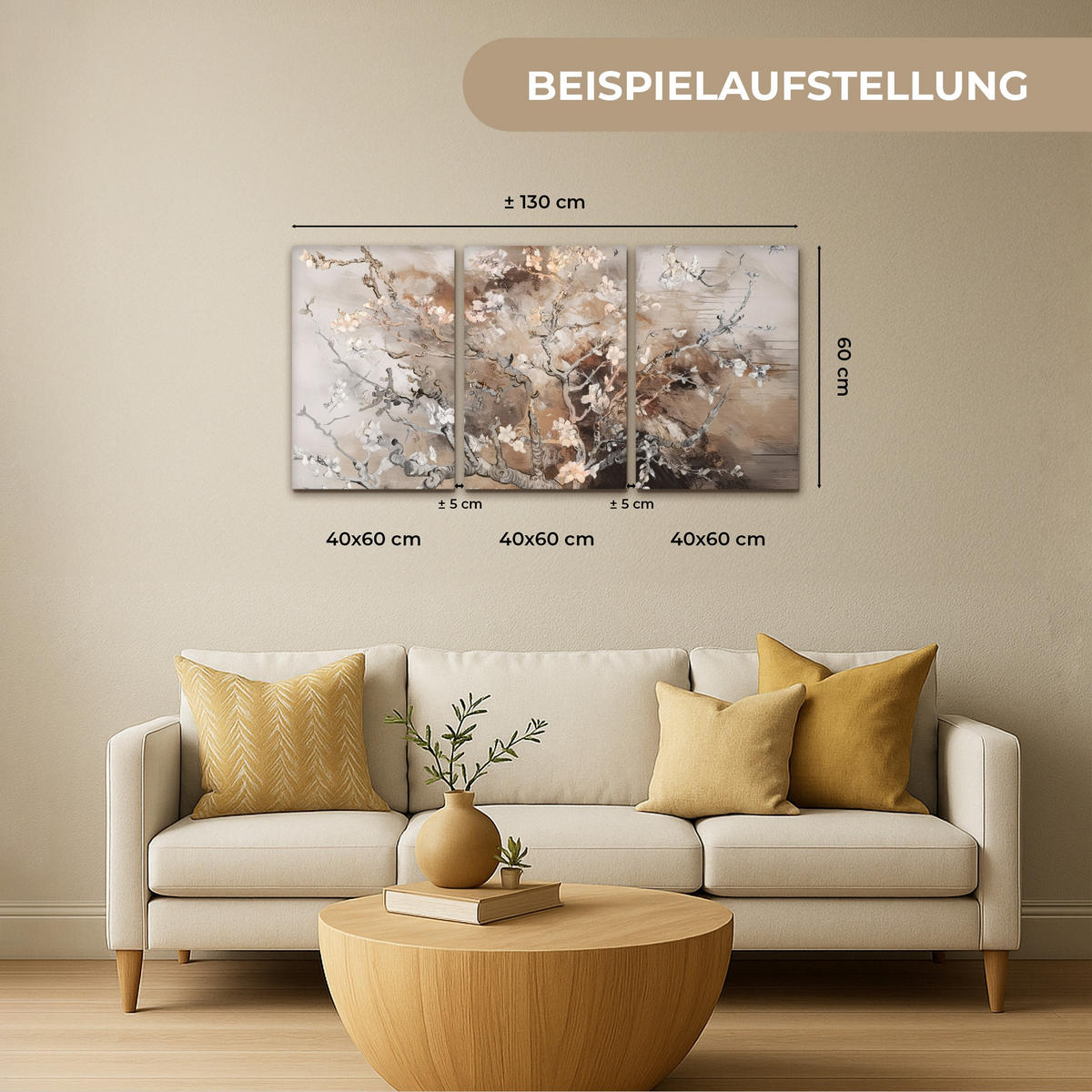 LEINWANDBILD 3er Set Mandelblüte - Abstrakt - Beige 120x60 cm - Beige, Textil (120/60cm) - MuchoWow
