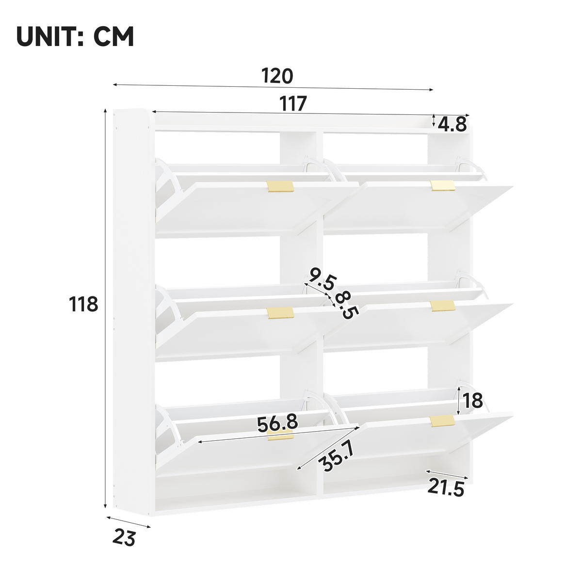SCHUHSCHRANK platzsparend 6 Fächer Weiß 120x23x118cm - Weiß, Holzwerkstoff (23/118/120cm) - FLIEKS