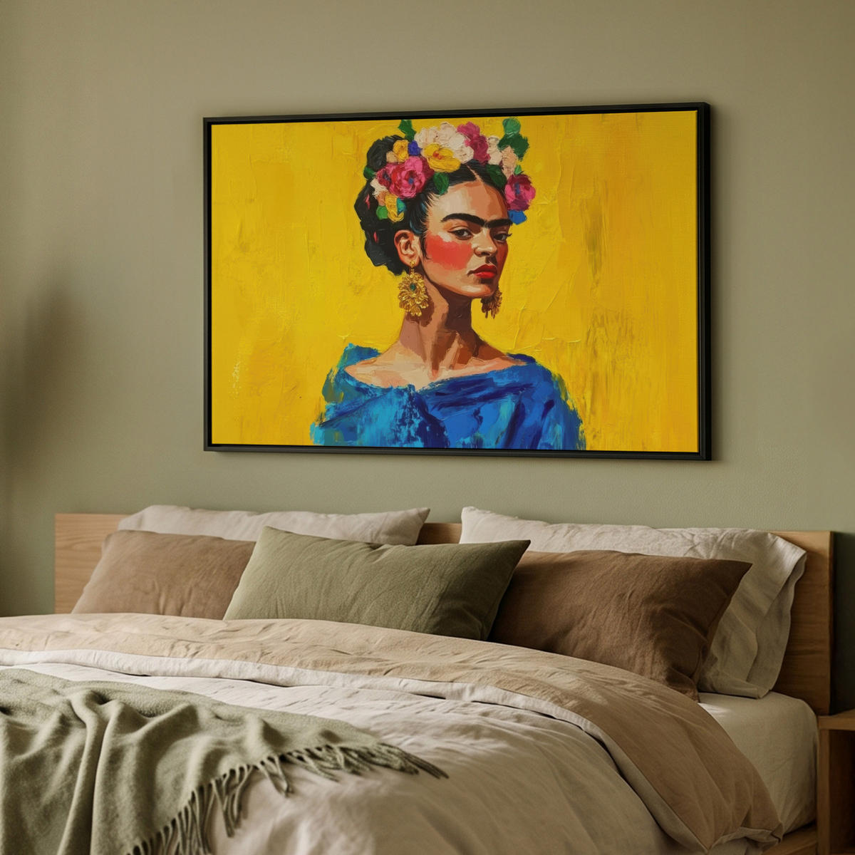 LEINWAND Bilder mit Rahmen - Frida Kahlo - Frau - Gelb - Blau - Blumen - 90x60 - Gelb, Textil (90/60cm) - MuchoWow