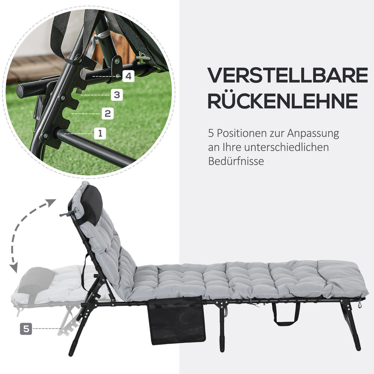 KLAPPLIEGE, 5-stufig neigbare Rückenlehne, Kissen, Auflage, bis 120 kg, Stahl, hellgrau, 58 x 189 x 32,5 cm - Hellgrau, Metall (58/32.5/189cm)